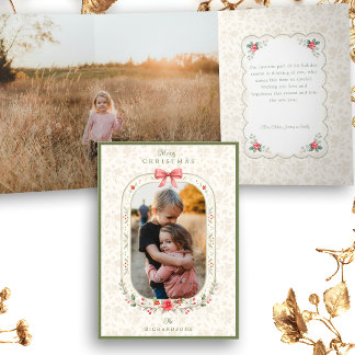 Elegant Classic Watercolor Floral Christmas Photo Tri-Fold Card