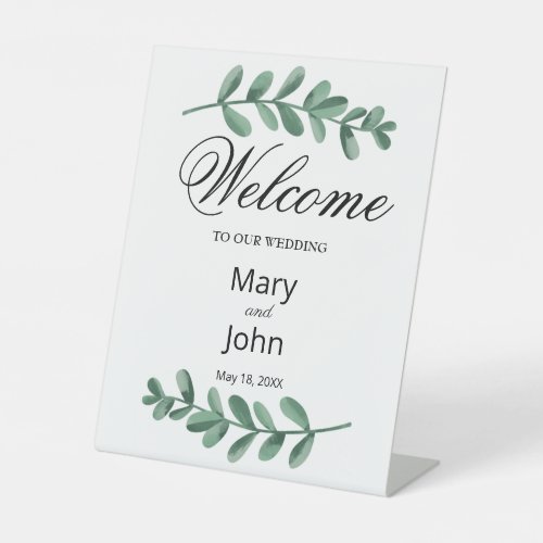 Elegant Classic Watercolor Green Leaves Wedding Pedestal Sign