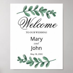 Elegant Classic Watercolor Green Leaves Wedding Poster