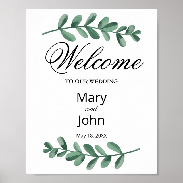 Elegant Classic Watercolor Green Leaves Wedding Poster (Front)