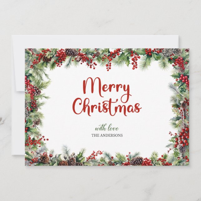 Elegant classic watercolor red holly berries holiday card (Front)