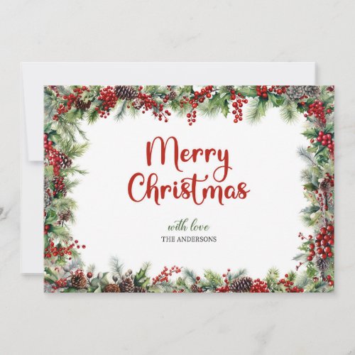 Elegant classic watercolor red holly berries holiday card