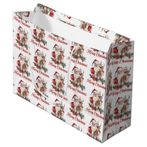 Elegant classic watercolor Santa reindeer holly Large Gift Bag