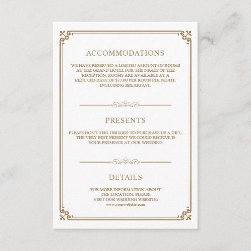 Elegant Classic White and Gold Wedding Details Enclosure Card