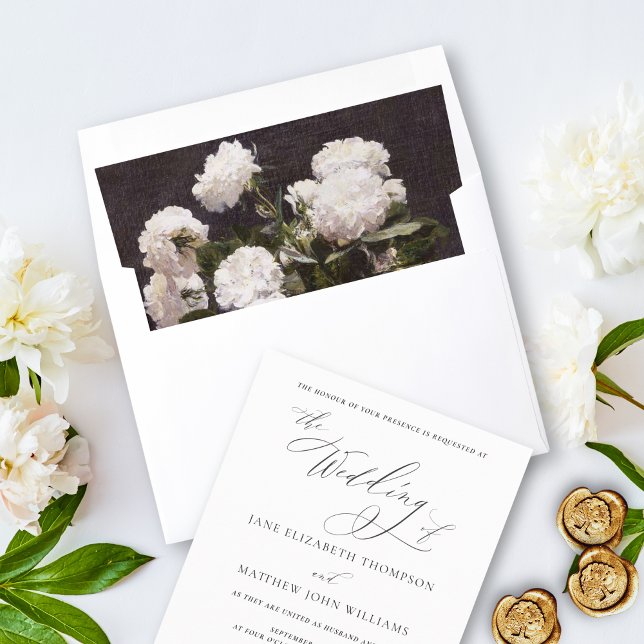 Elegant Classic White Floral Fine Art Wedding Envelope Liner (These fine art wedding envelope liners will add an elegant touch to your wedding invites.)