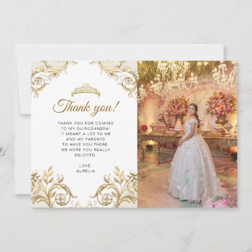 Elegant Classic White Gold Photo Quinceaera Thank You Card