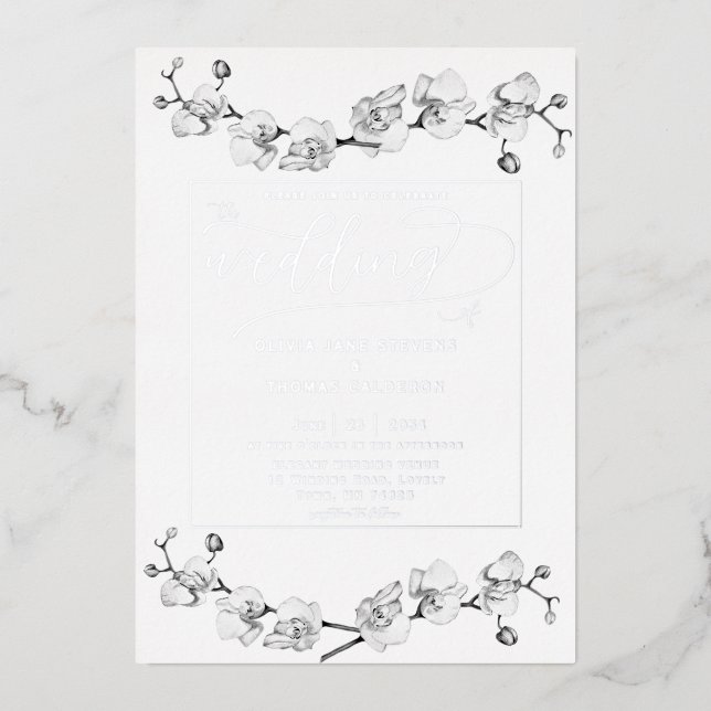 Elegant Classic White Orchids Romantic Wedding Foil Invitation (Front)