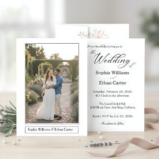 Elegant Classic White Themed Photo Wedding Invitation