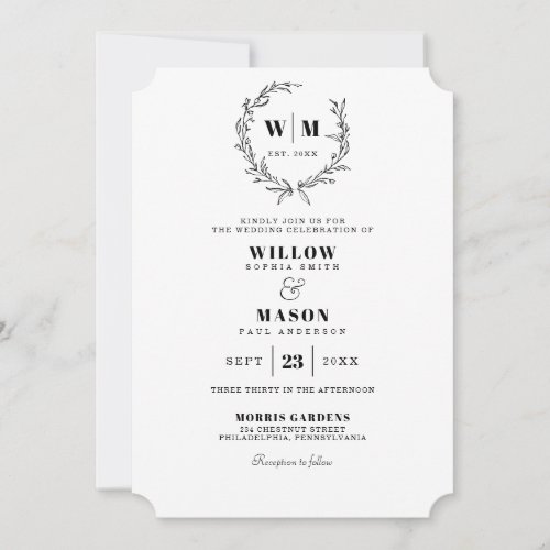 Elegant Classic Wreath Monogram Wedding Invitation
