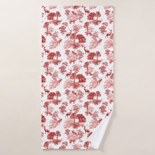 Elegant Classical Red French Toile Deer Forest Bath Towel