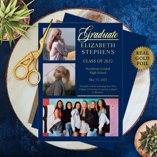 Elegant Classy 3 Photo Graduate Graduation Blue Foil Invitation