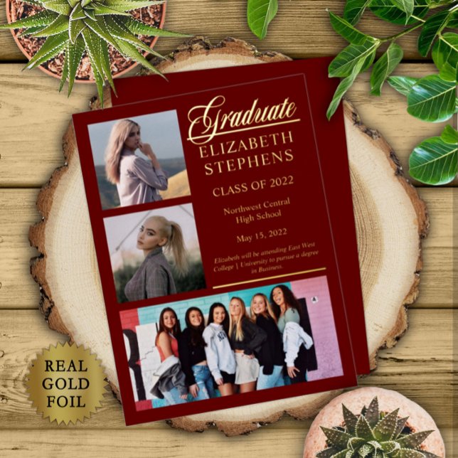 Elegant Classy 3 Photo Graduate Maroon Graduation Foil Invitation (Creator Uploaded)