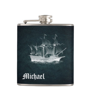 Elegant classy ancient ship  leather personalized hip flask