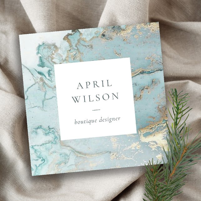 ELEGANT CLASSY AQUA DUSKY BLUE GOLD AGATE GEODE SQ SQUARE BUSINESS CARD (Creator Uploaded)