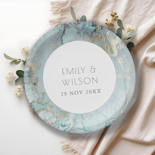 ELEGANT CLASSY AQUA DUSKY BLUE GOLD AGATE WEDDING PAPER PLATES (Creator Uploaded)
