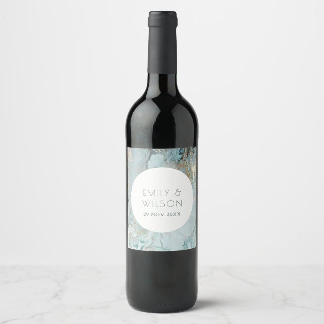 ELEGANT CLASSY AQUA DUSKY BLUE GOLD AGATE WEDDING  WINE LABEL (Front)