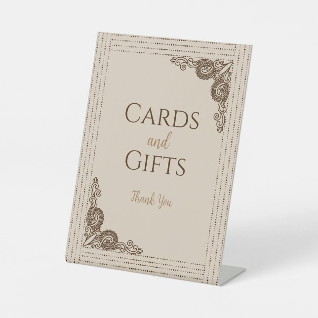 Elegant Classy Beige ornate Wedding Cards and Gift Pedestal Sign (Front)
