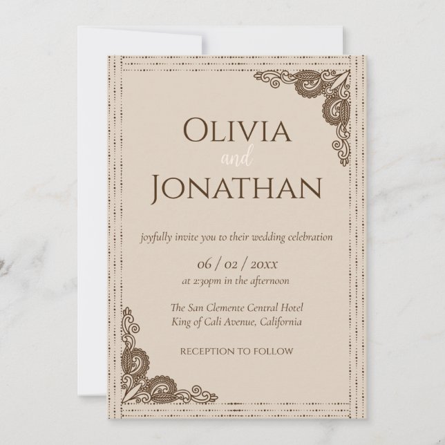 Elegant Classy Beige ornate Wedding Invitation (Front)
