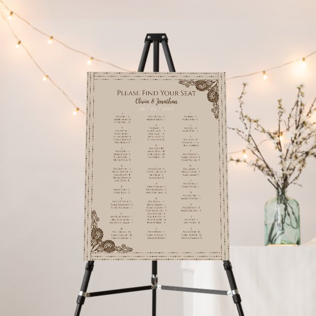 Elegant Classy Beige ornate Wedding Seating Chart Foam Board (In Situ (Stand))