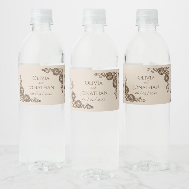 Elegant Classy Beige ornate Wedding Water Bottle Label (Bottles)