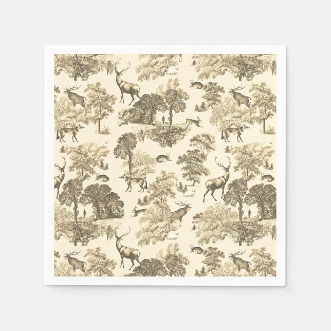 Elegant Classy Beige Tan French Toile Deer Pattern Napkins (Front)