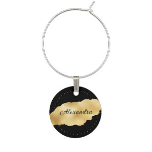 Elegant Classy Black and Gold Personalized Wine Charm
