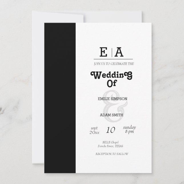ELEGANT CLASSY  BLACK AND WHITE WEDDING  INVITATION (Front)