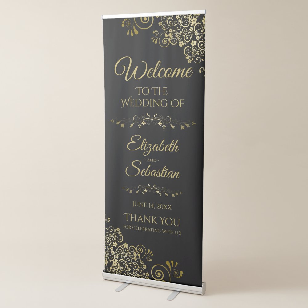Disover Elegant Classy Black & Gold Lacy Wedding Welcome Retractable Banner