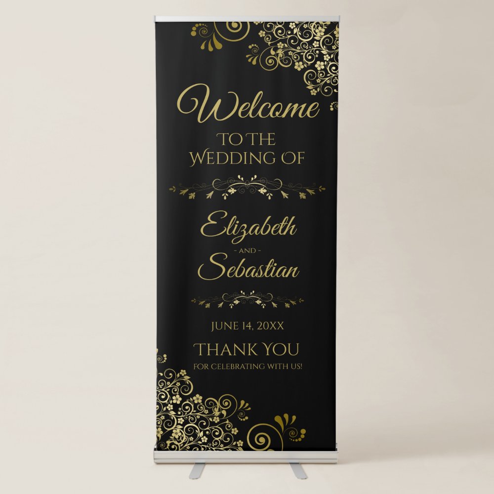 Disover Elegant Classy Black & Gold Lacy Wedding Welcome Retractable Banner