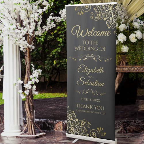 Elegant Classy Black  Gold Lacy Wedding Welcome Retractable Banner