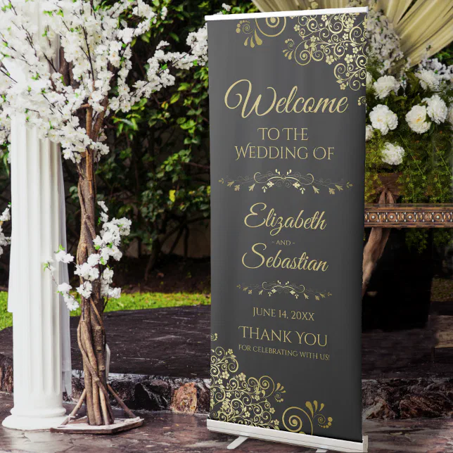 Elegant Classy Black & Gold Lacy Wedding Welcome Retractable Banner
