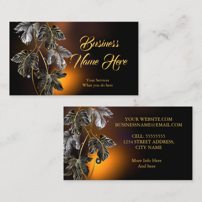 Elegant Classy Black Gold Leaves Bronze Glow Business Card (Front/Back)