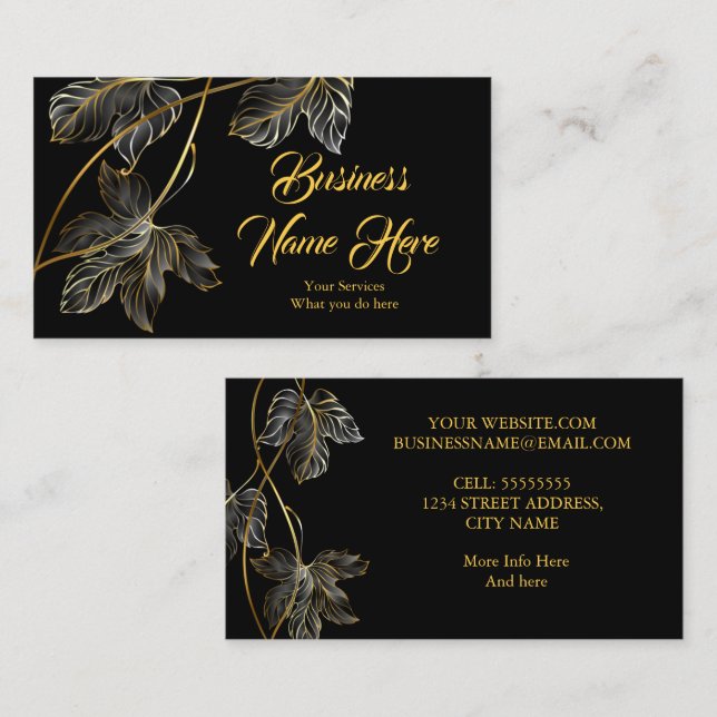 Elegant Classy Black Gold Leaves Business Card (Front/Back)
