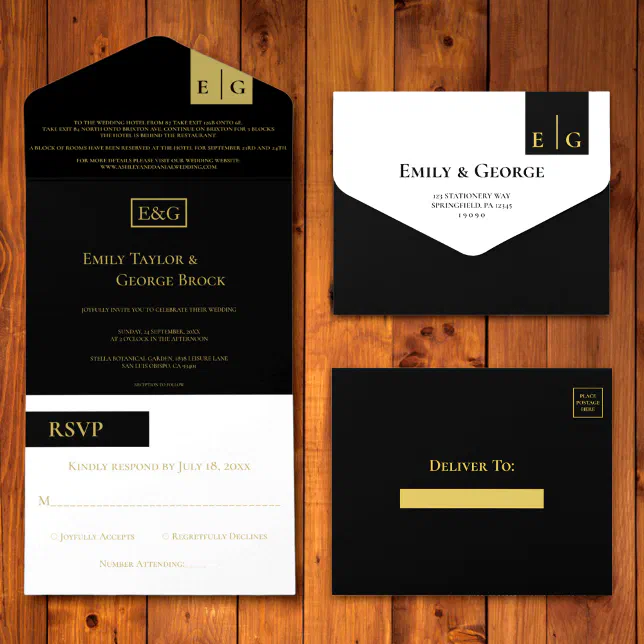 Elegant Classy Black Gold Monogram Formal Wedding All In One Invitation ...