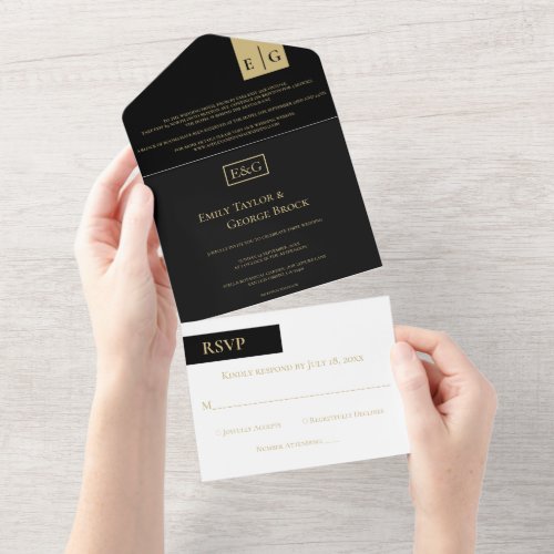 Elegant Classy Black Gold Monogram Modern Wedding All In One Invitation