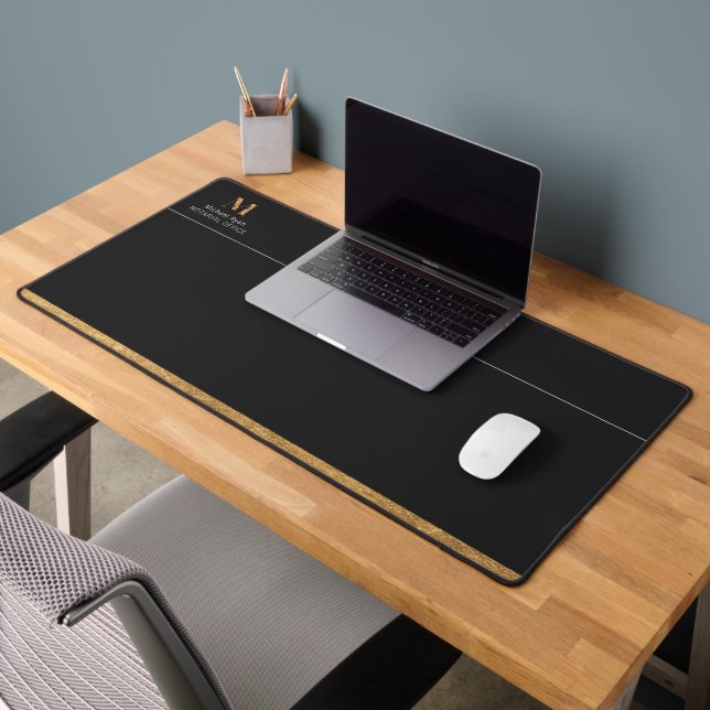 Elegant Classy Black & Gold Personalized Monogram  Desk Mat (Office 2)