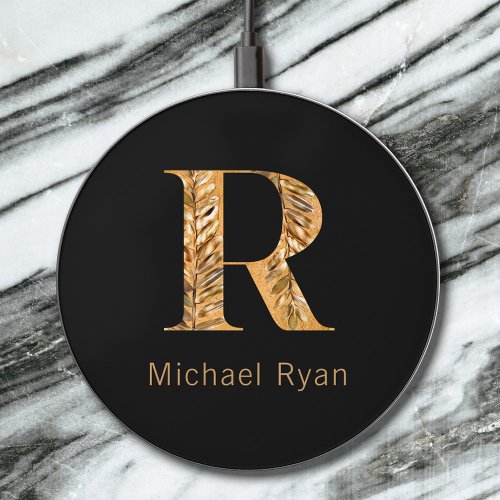  Elegant Classy Black  Gold Personalized Monogram Wireless Charger