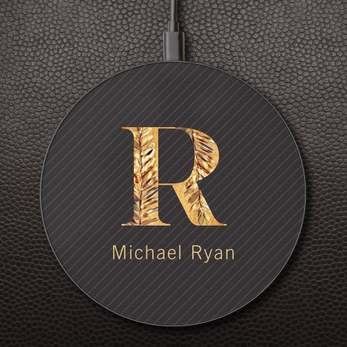  Elegant Classy Black  Gold Personalized Monogram Wireless Charger