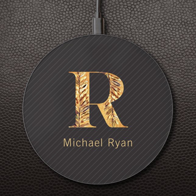  Elegant Classy Black & Gold Personalized Monogram Wireless Charger (Creator Uploaded)