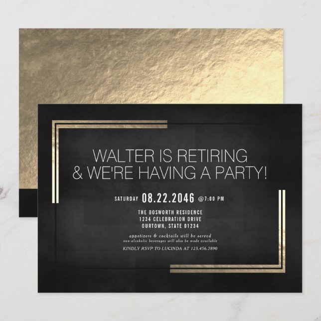 Elegant Classy Black/Gold Retirement Party Invitation (Front/Back)