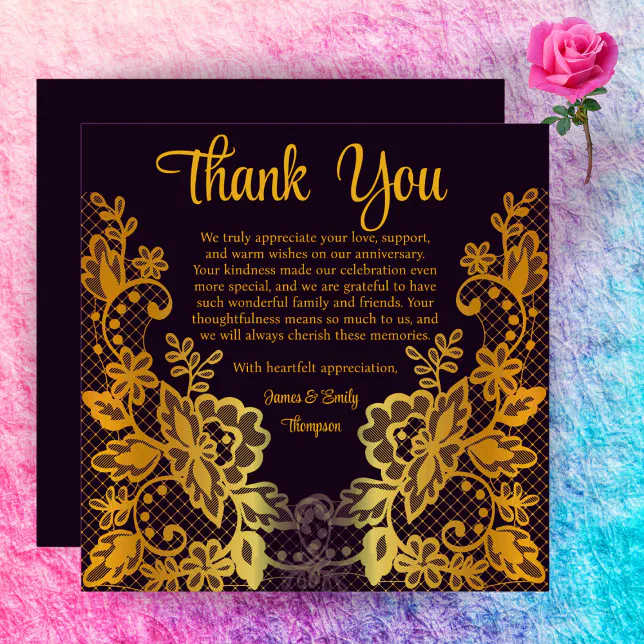 Elegant Classy Black & Gold Wedding Anniversary Thank You Card | Zazzle