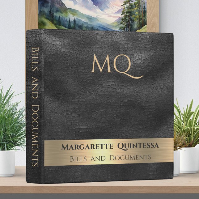 Elegant Classy Black Leather Gold Foil Monogrammed 3 Ring Binder (Creator Uploaded)