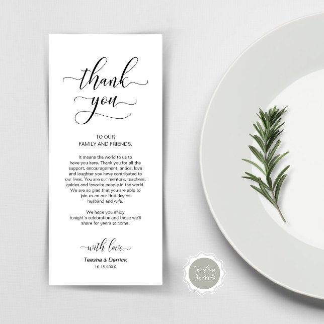 Elegant Classy Black, Place Setting Thank You Card (Wedding Dinner Place Setting Thank You Card, Plate Decor, Modern Classy, in Black and White)
