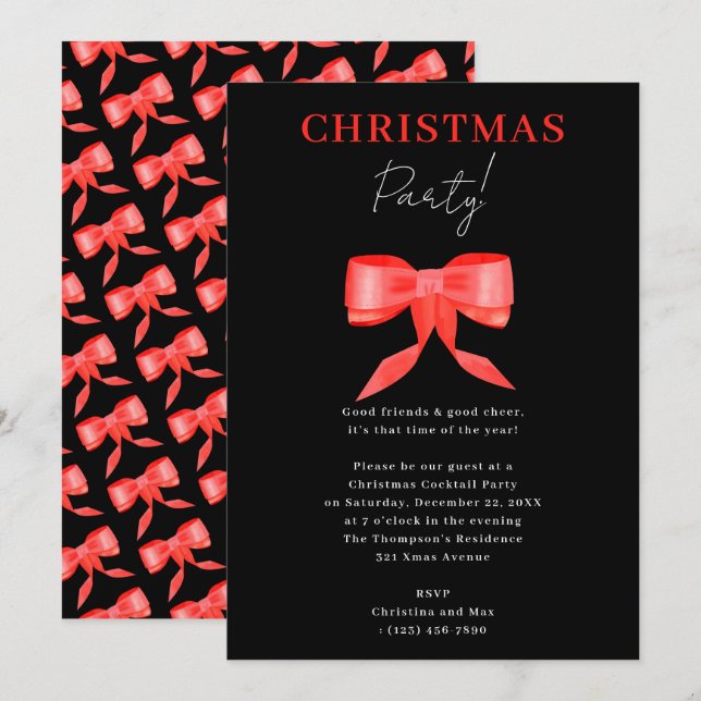 Elegant Classy Black Red Bow Christmas Party Invitation (Front/Back)