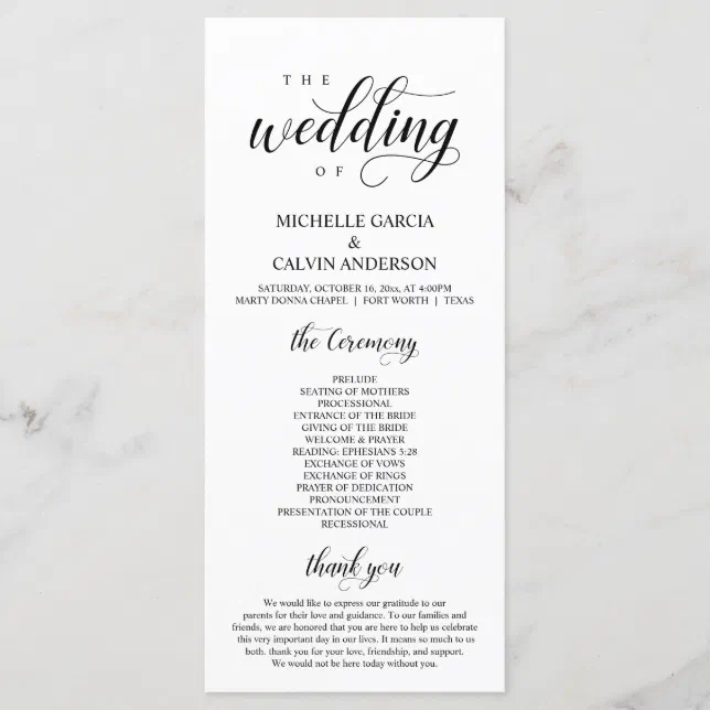 Elegant Classy, Black script, Wedding Ceremony Pro Program | Zazzle