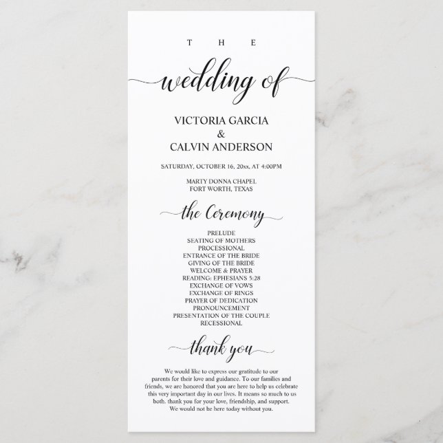 Elegant Classy, Black script, Wedding Ceremony Program (Front)