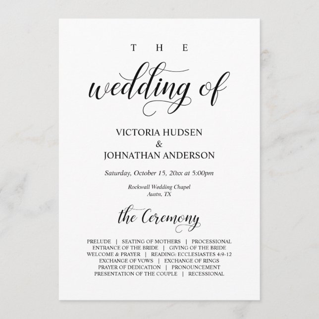 Elegant Classy, Black script, Wedding Ceremony Program (Front)