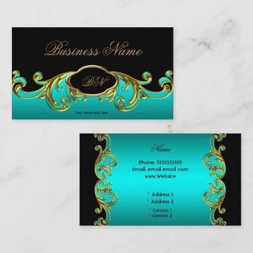Customizable Elegant Classy Black Teal Blue Green Gold Floral Business Card