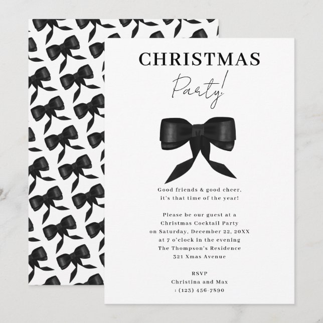 Elegant Classy Black White Bow Christmas Party Invitation (Front/Back)