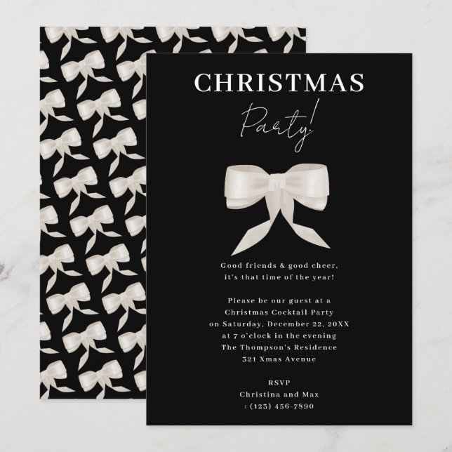 Elegant Classy Black White Bow Christmas Party Invitation (Front/Back)